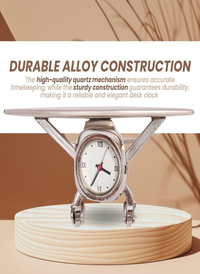 PUREjoy Aeroplane Miniature Analog Table Clock|Stylish Alloy Desk Clock with Roman Numerals,Rotating Wheels,and Silver Finish for Office,Home Décor,Paperweight,and Corporate Gifting,9 cm,7 cm - Image 3